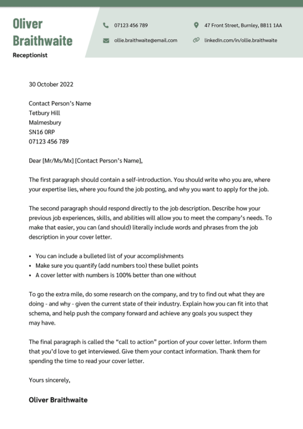 The Snowdonia cover letter template in green.