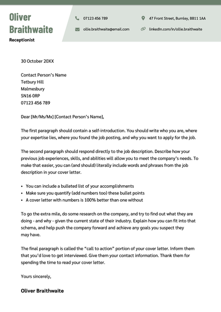 The Snowdonia cover letter template in green