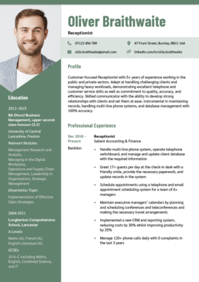 The green version of the Snowdonia CV Template, which includes a photo of a smiling job applicant at the top of the left-hand margin and the job applicant's education history, professional profile, and professional experience sections.