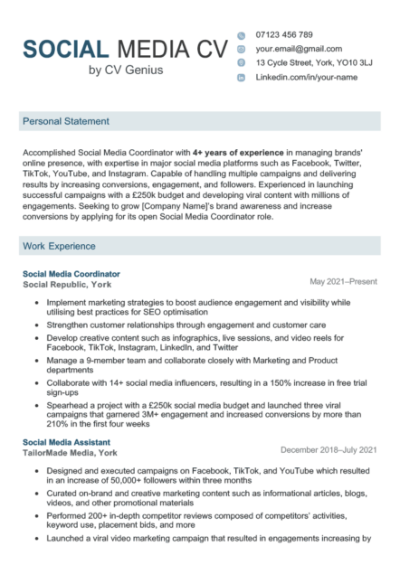 A social media CV template example