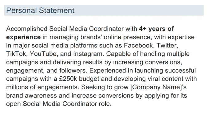 An example of a social media CV personal statement