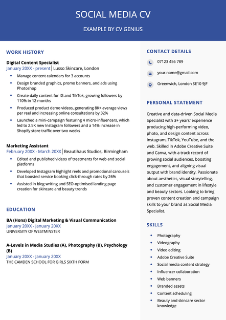 A social media CV using the Exeter CV template skin