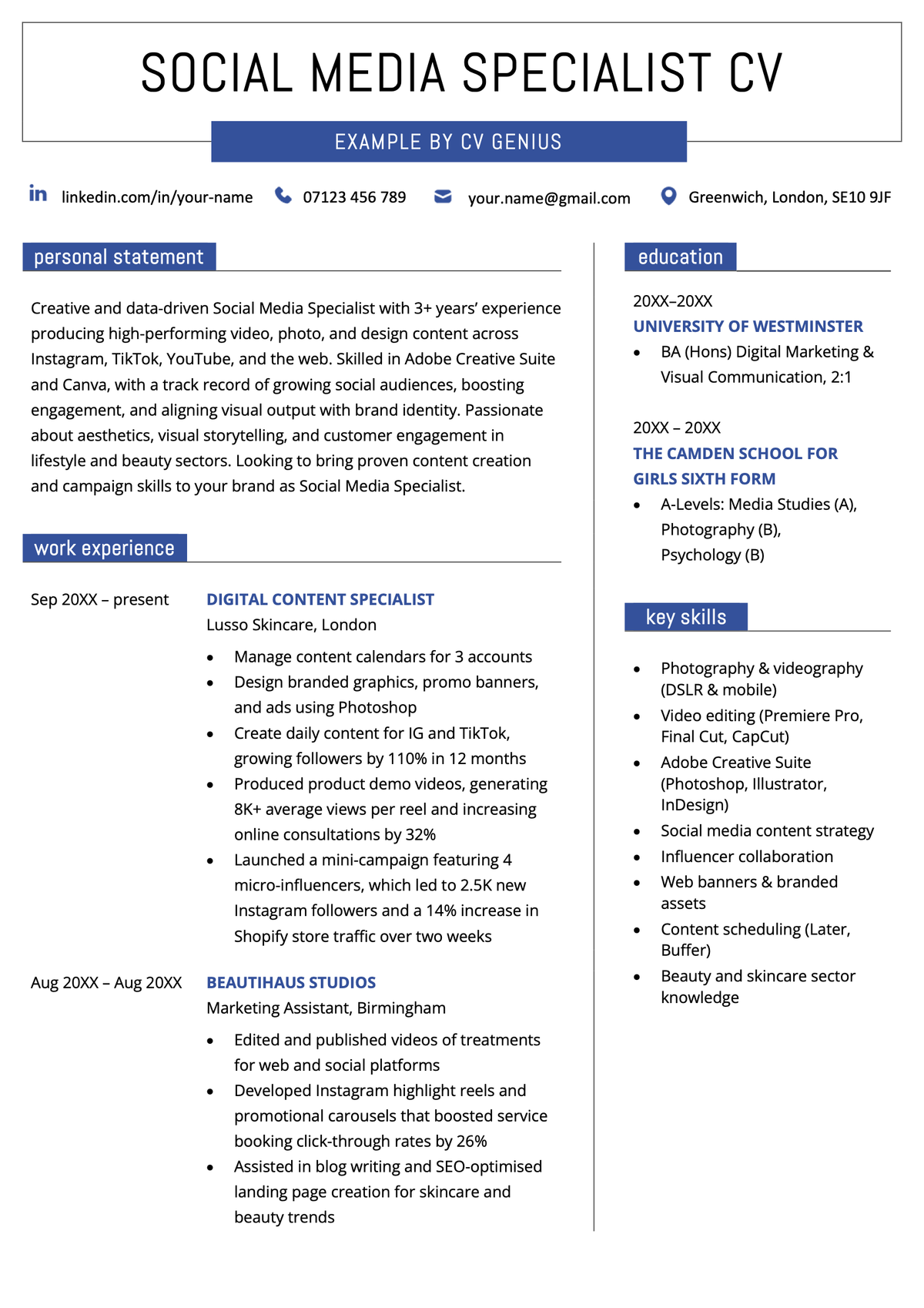 An example CV for a social media job