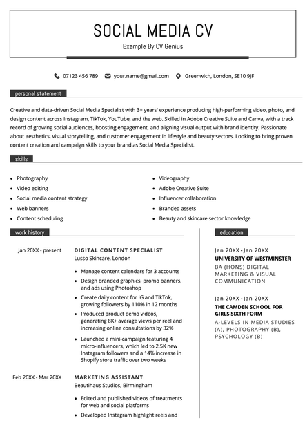 A social media CV using the Wells CV template skin
