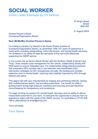 A social worker cover letter example for UK job seekers.