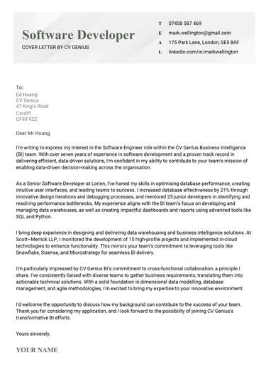 A software developer cover letter example for UK job seekers.