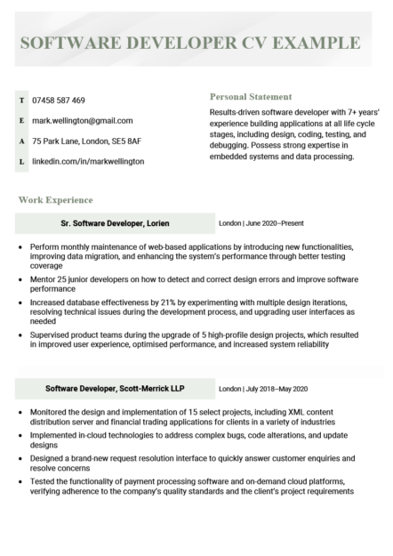 A software developer CV example in a green-themed template.