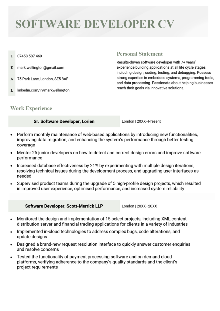 Software Developer CV - Example & Template [Free Download]