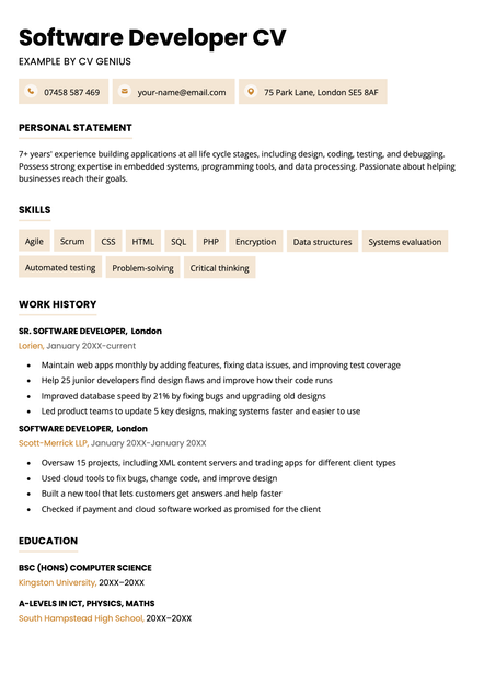 A software developer CV example using the Bristol CV template