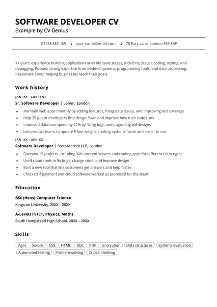 A software developer CV example using the Canterbury CV template
