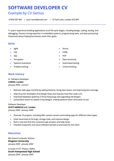 A software developer CV example using the St Albans CV template