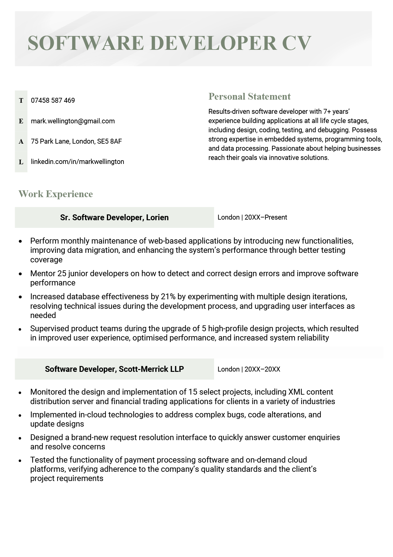 A software developer CV example in a green-themed template.