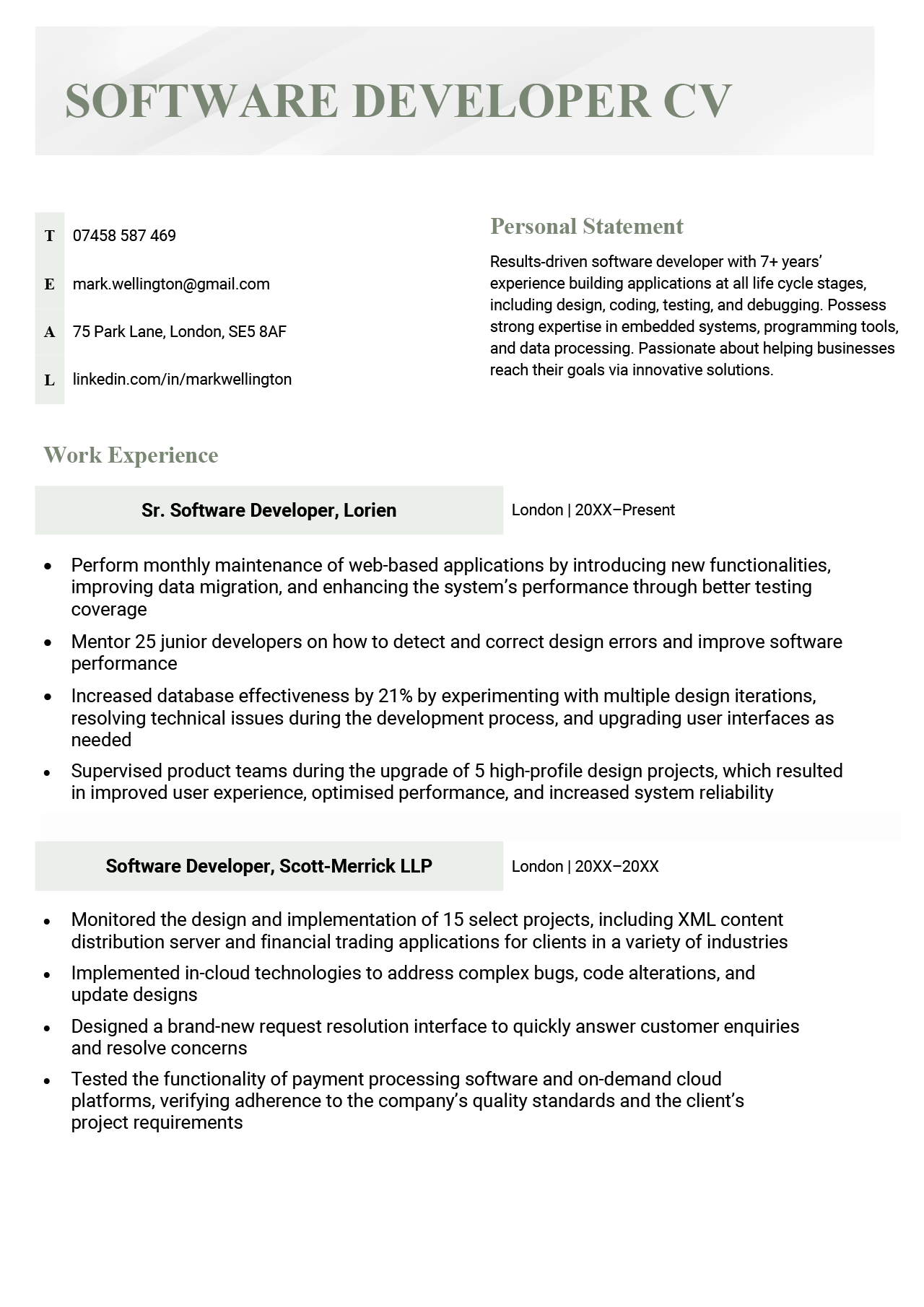 First page of a software developer CV example in a green-themed template.