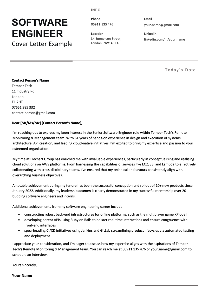 A software engineer cover letter example in a black-and-white template.