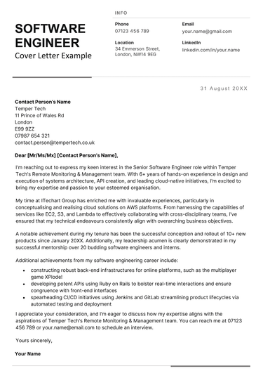 A software engineer cover letter example in a black-and-white template.