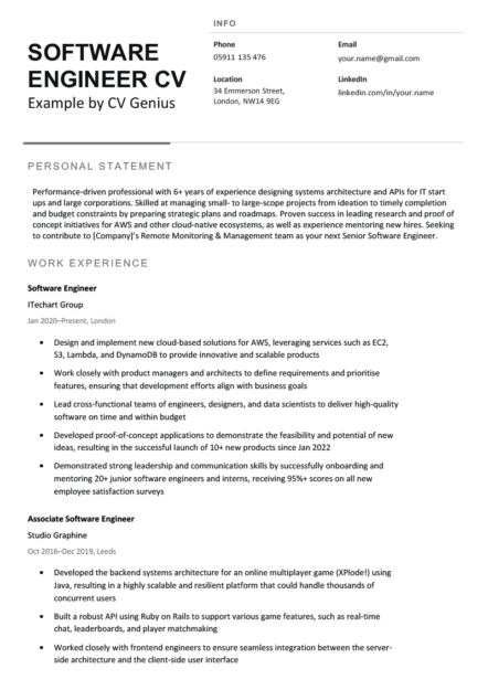 The first page of a software engineer CV example with bold black header text and sections for the applicant's personal statement, contact information, and work experience.