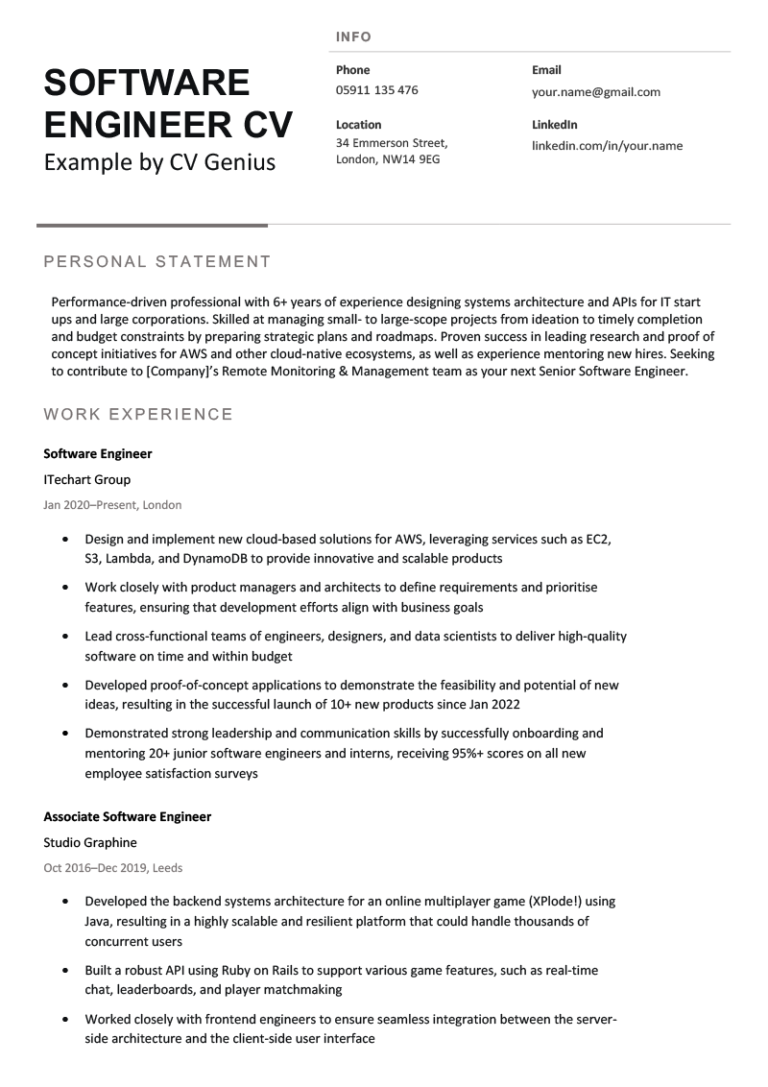 Software Engineer CV - Example & UK Template [Free Download]