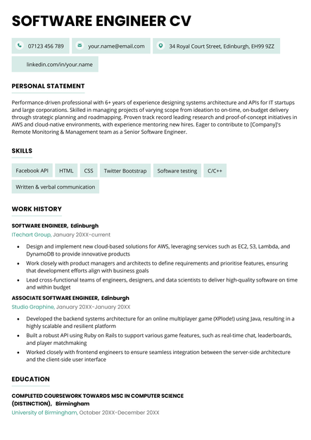 A software engineer CV example in the Bristol CV template.
