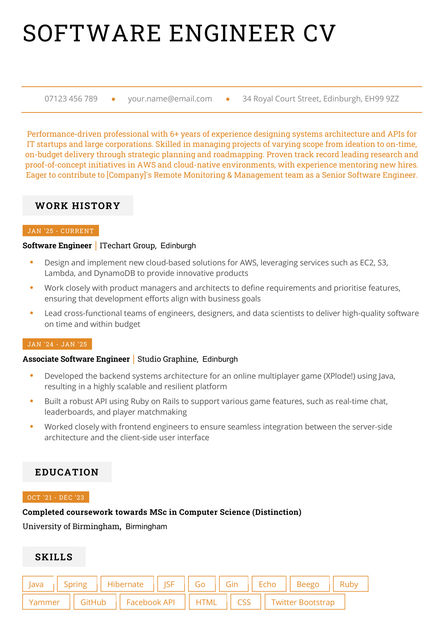 A software engineer CV example in the Canterbury CV template.
