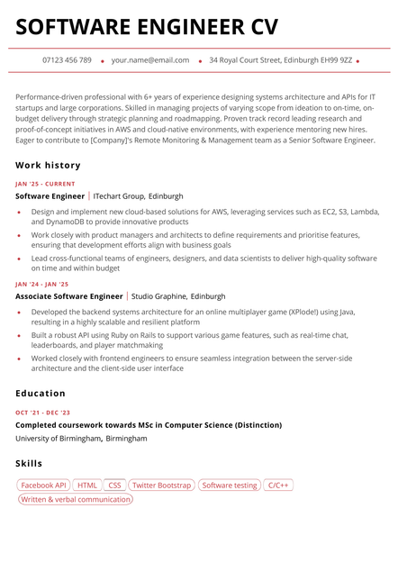 A software engineer CV example in the Sheffield CV template.