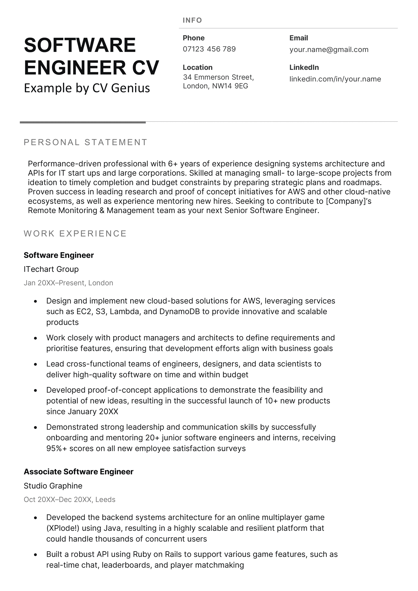 The first page of a software engineer CV example with bold black header text and sections for the applicant's personal statement, contact information, and work experience.