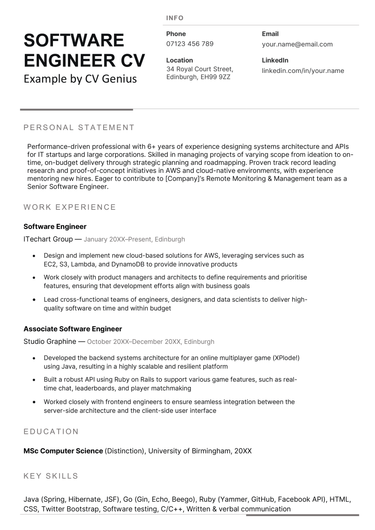 The first page of a software engineer CV example with bold black header text and sections for the applicant's personal statement, contact information, and work experience.