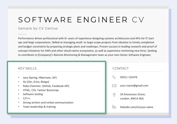 Image of a CV Genius CV template with the key skills section highlighted.