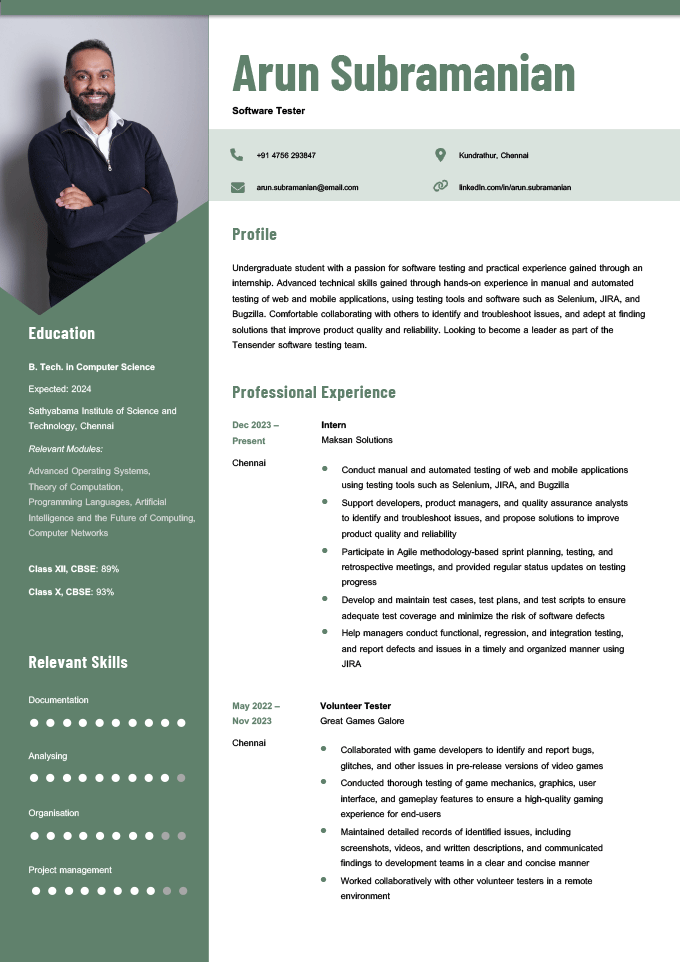 A resume for fresher software testers with a large photo and a green column for the applicant's education and skills.