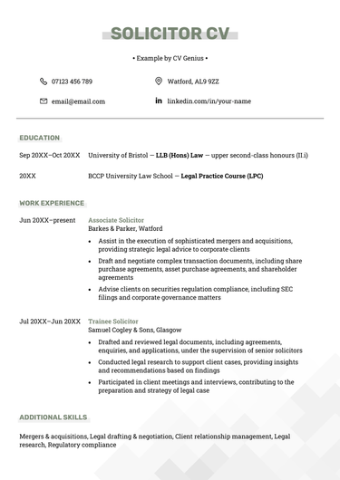 The first page of a solicitor CV example