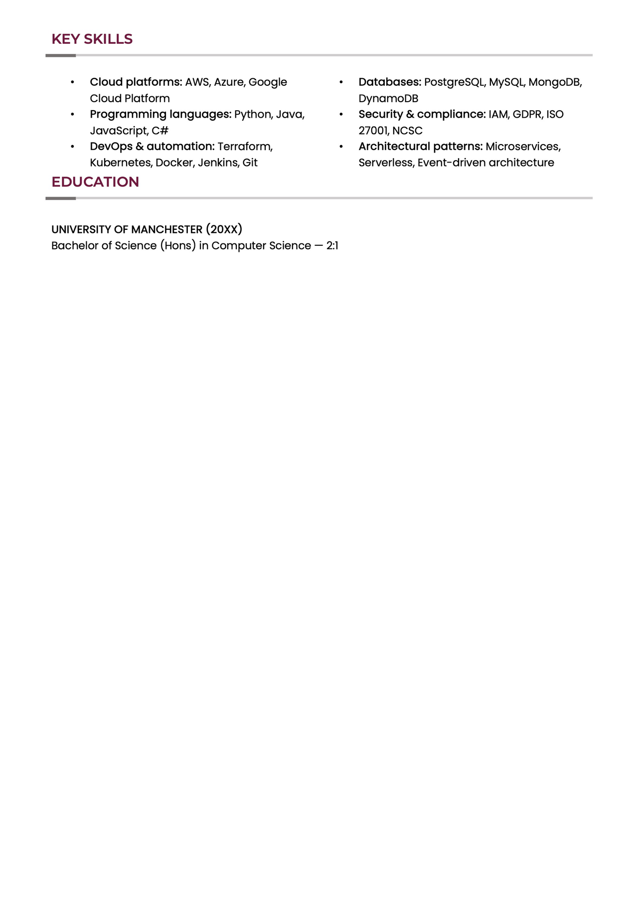 The second page of a solutions architect CV.