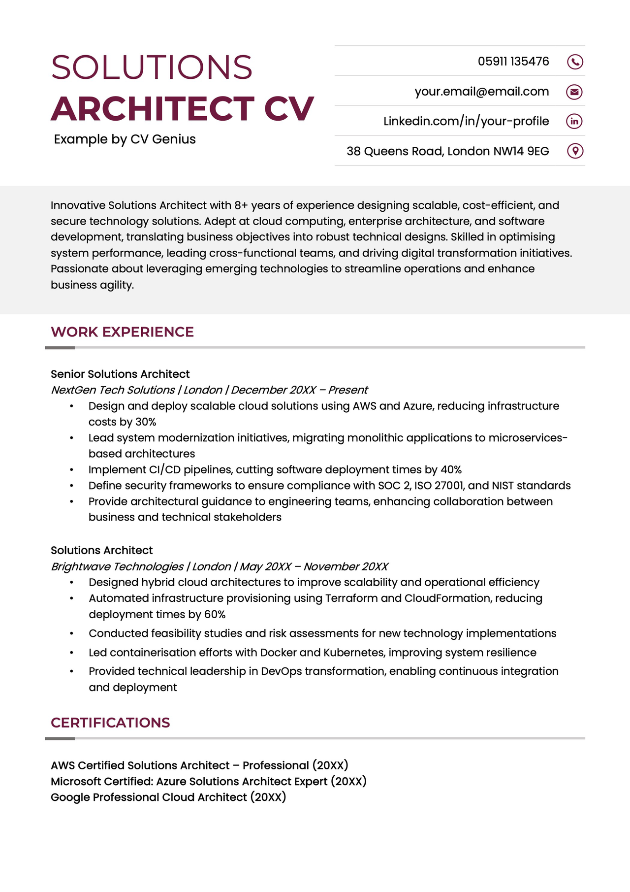 The first page of a solutions architect CV.