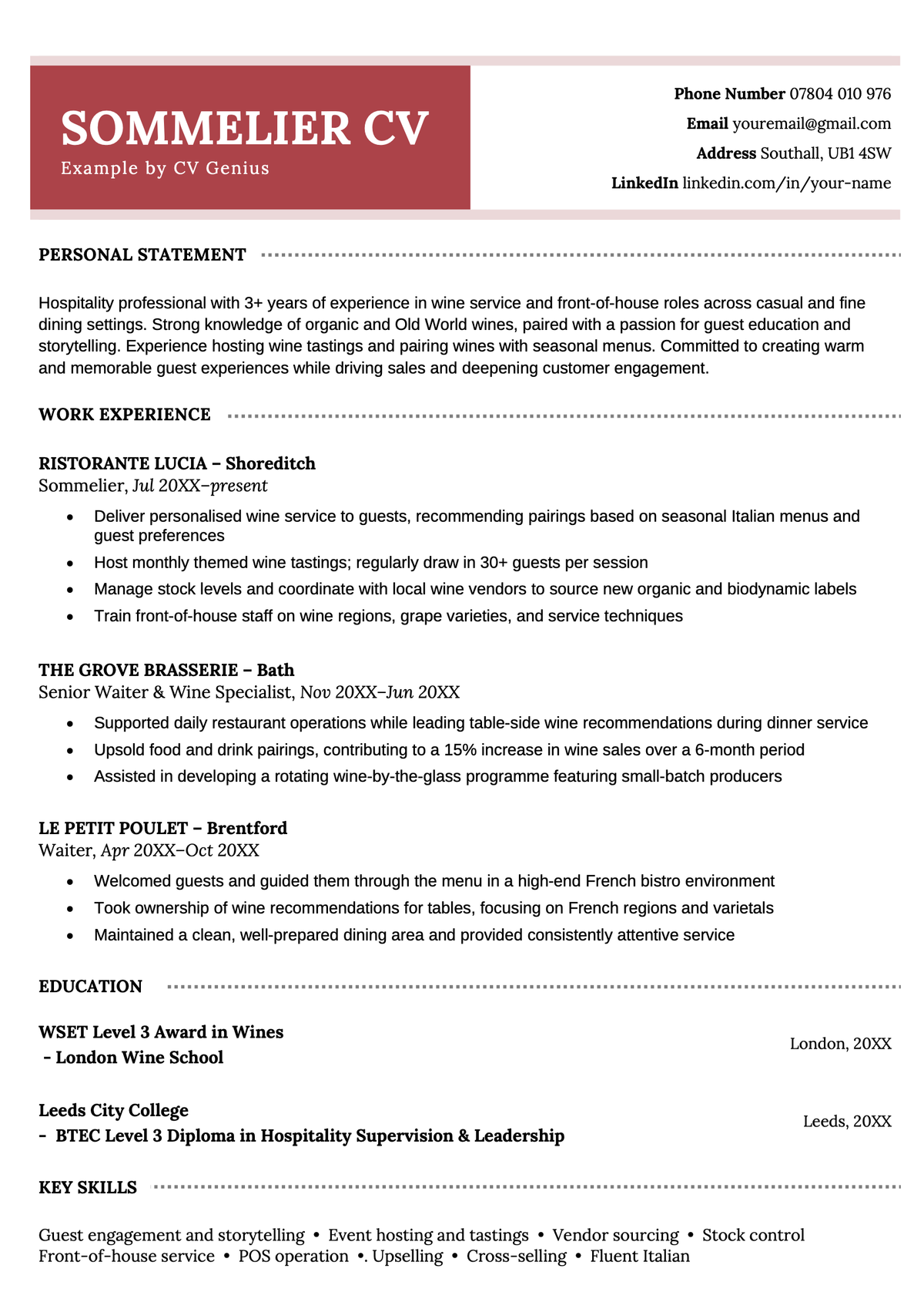 An example sommelier CV