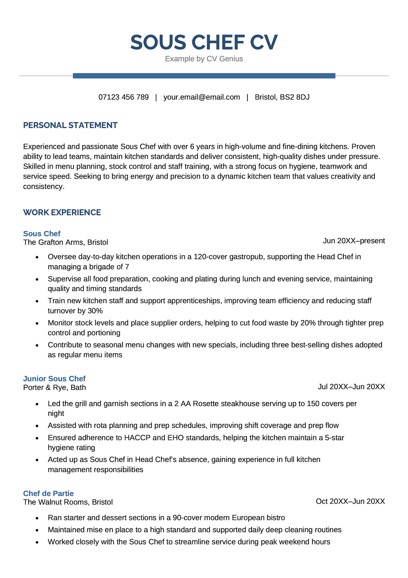A sous chef CV example.