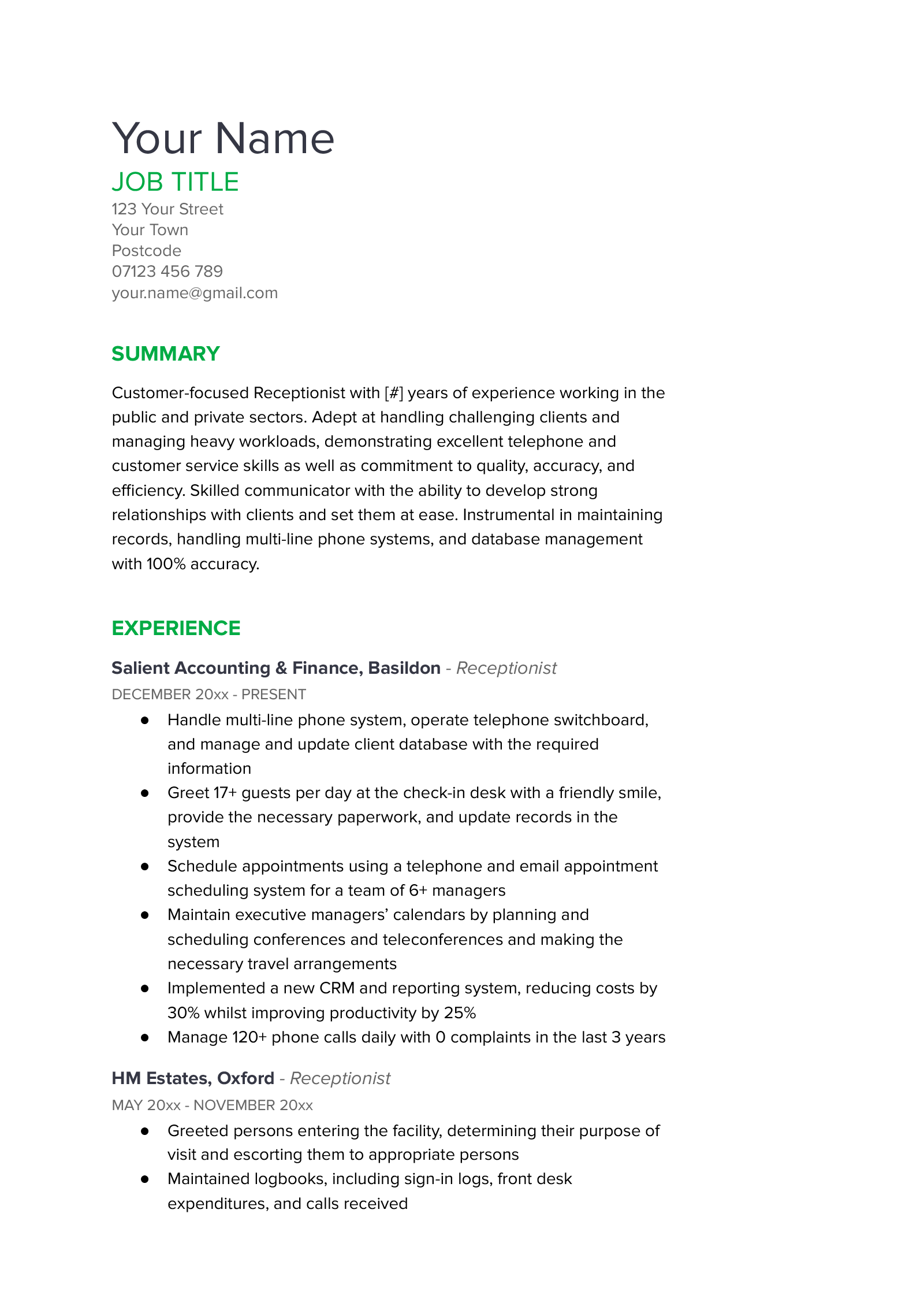 An example of the Spearmint Google Docs CV template