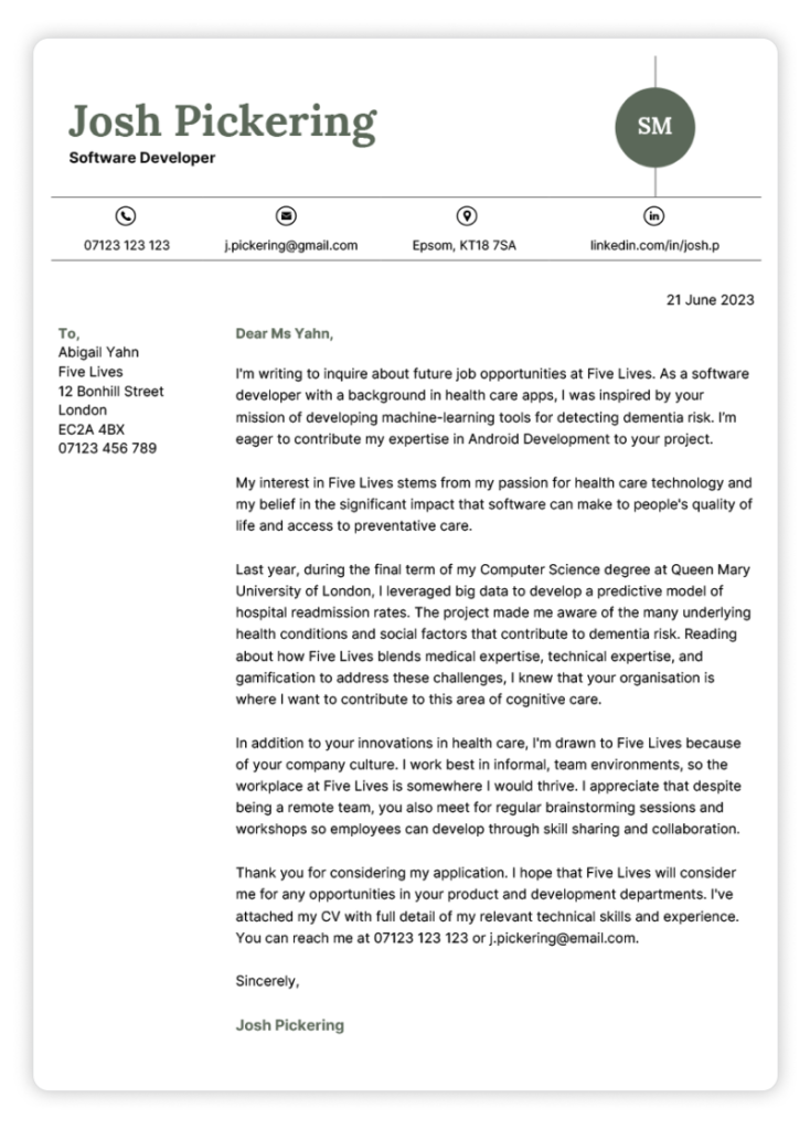 speculative cover letter example uk