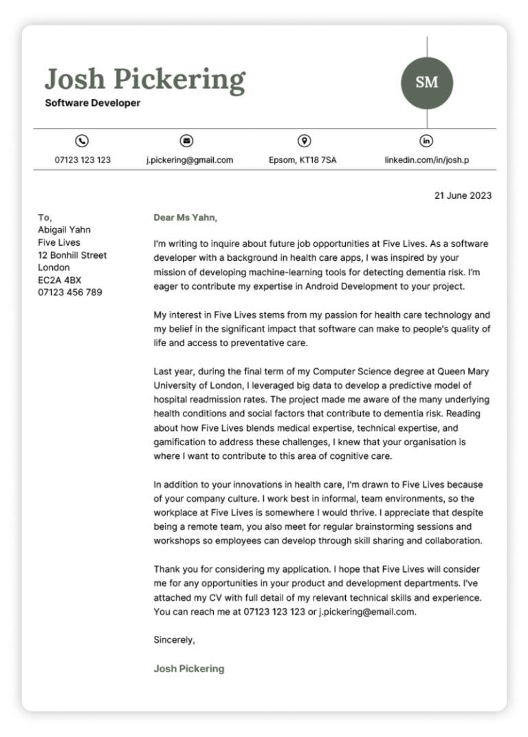 example of a speculative cover letter