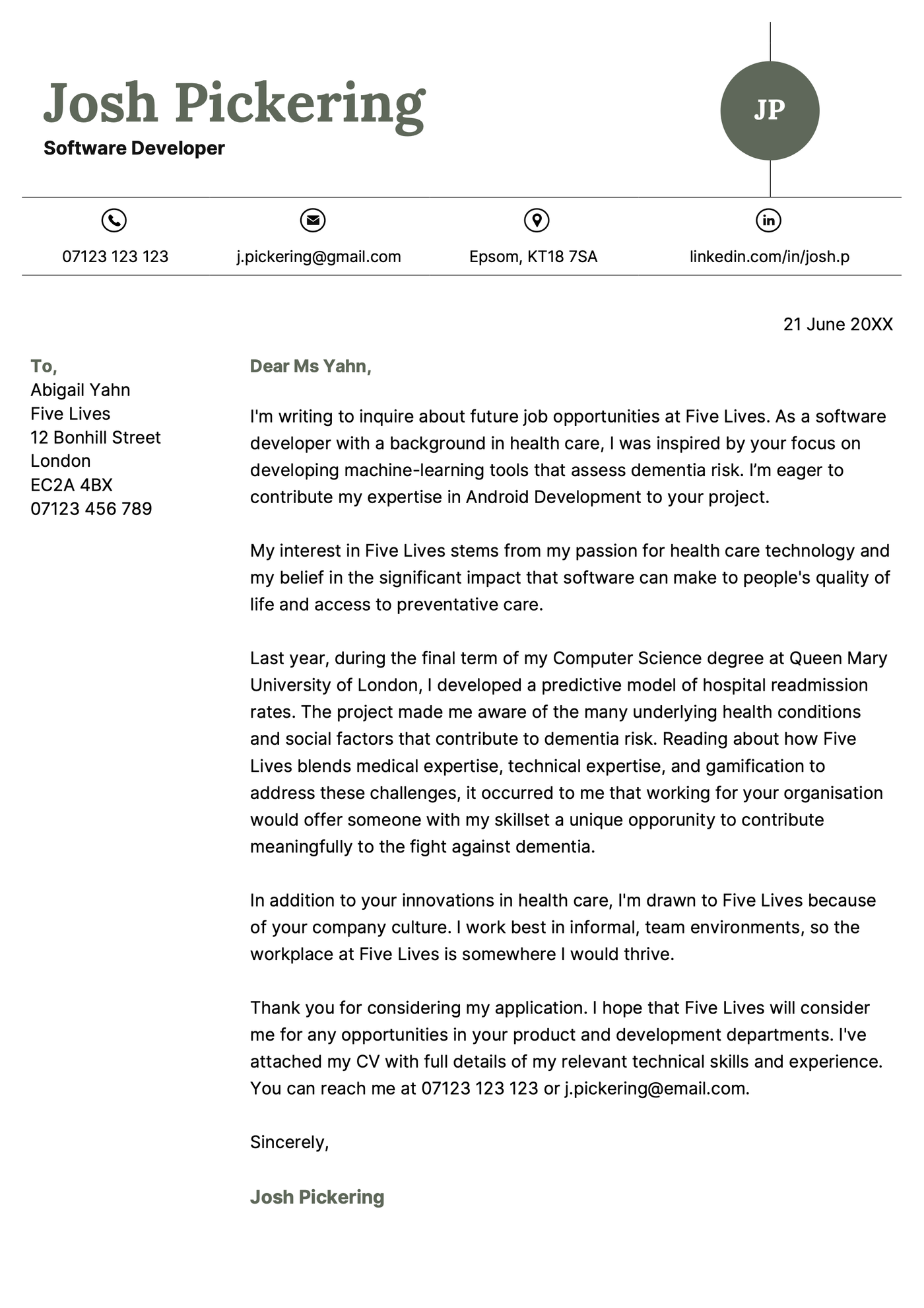 An example of how to write a speculative cover letter
