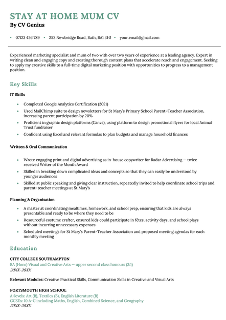 An example stay at home mum CV using the St Albans template.