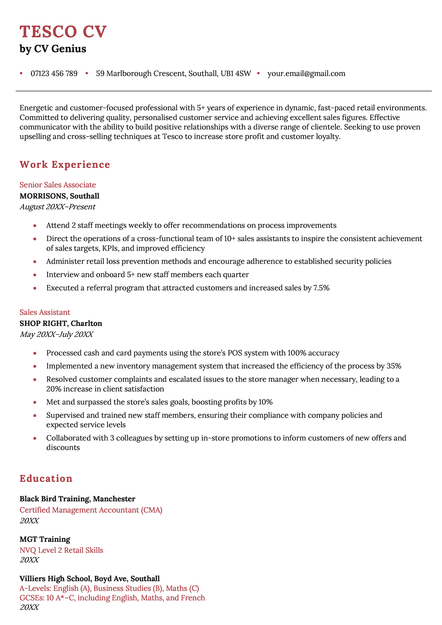 Tesco CV sample using the St Albans template.