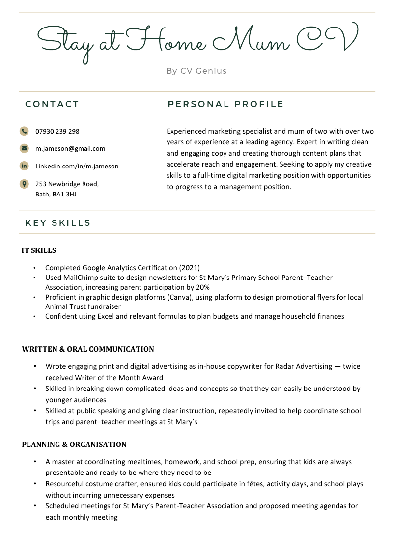 resume help for stay at home mom