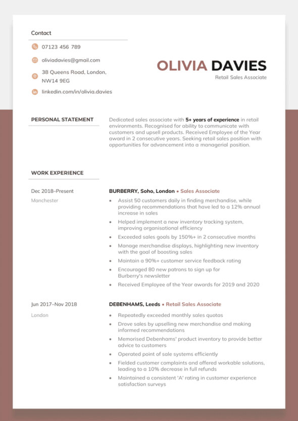 The first page of the Stirling CV template in maroon.