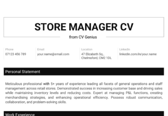 A black and white store manager CV with a horizontal header and sections featuring the candidate's contact information, personal statement and work experience