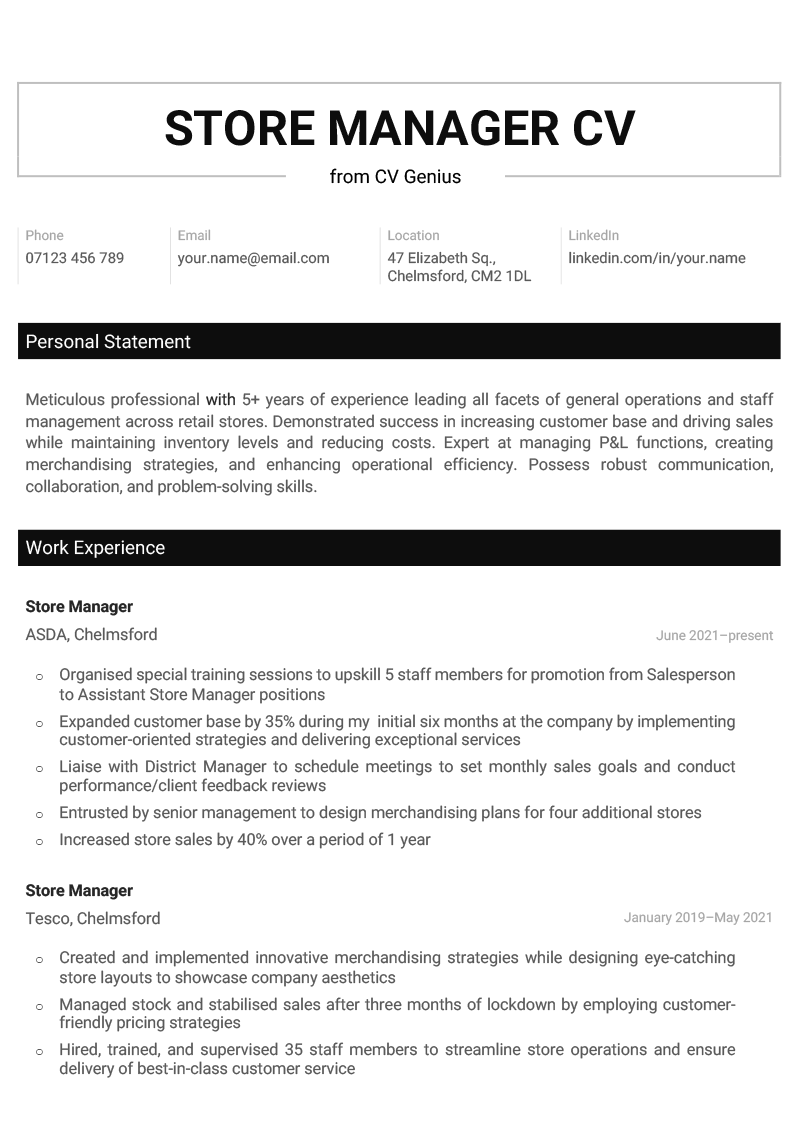 A black and white store manager CV with a horizontal header and sections featuring the candidate's contact information, personal statement and work experience.