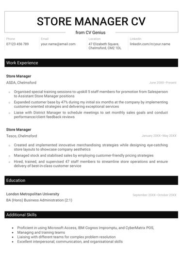 The first page of a black and white store manager CV with a horizontal header and sections featuring the candidate's contact information, personal statement and work experience.