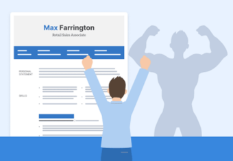 A cartoon person flexing next to a CV to represent the idea of putting strengths on a CV