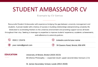 An example of a well-formatted student ambassador CV example using a burgundy color scheme and emphasising the candidate's education