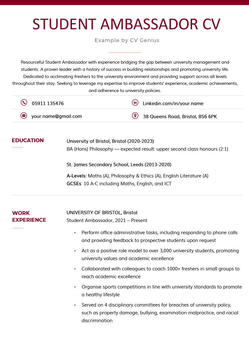 An example of a well-formatted student ambassador CV example using a burgundy color scheme and emphasising the candidate's education