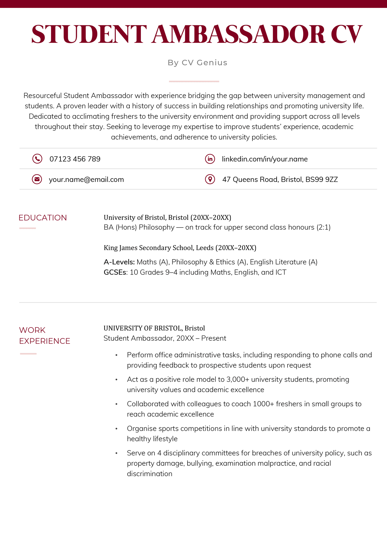 An example of a well-formatted student ambassador CV example using a burgundy color scheme and emphasising the candidate's education