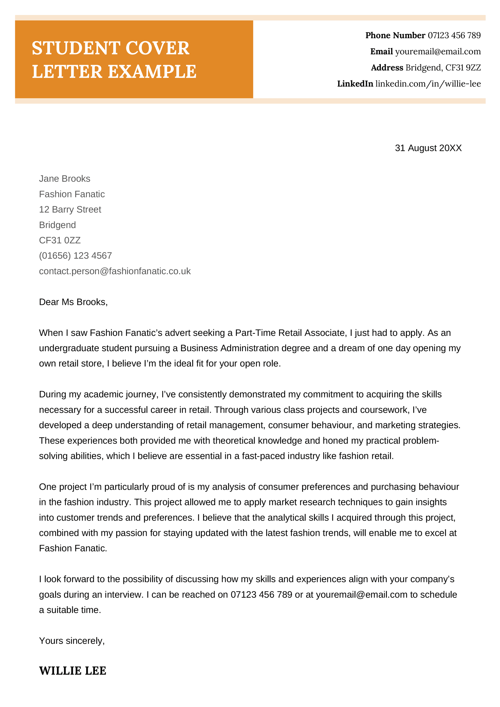 A student cover letter example in a green-themed template.