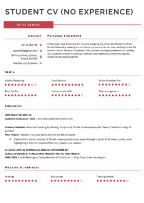 A CV for a student without any work experiece that instead describes their skills, education, and hobbies and interests.